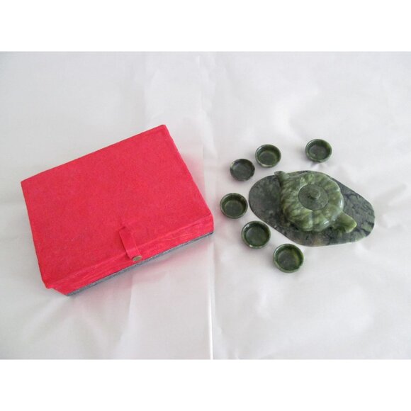 Vintage Asian Jade Teapot Cups and Tray Set in Original Box - Picture 4 of 16